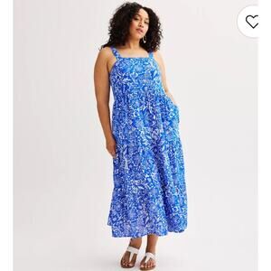 Sonoma Blue Floral Maxi Dress Cotton Size XL Pockets Boho Summer Cottagecore